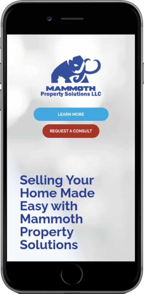 A smartphone screen displays Mammoth Property Solutions LLC's website with a mammoth logo, a 
