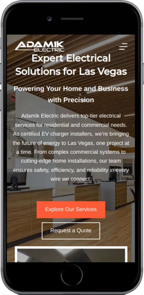 A smartphone screen displays the Adamik Electric website. The site advertises electrical solutions for Las Vegas, with service details and two buttons labeled 