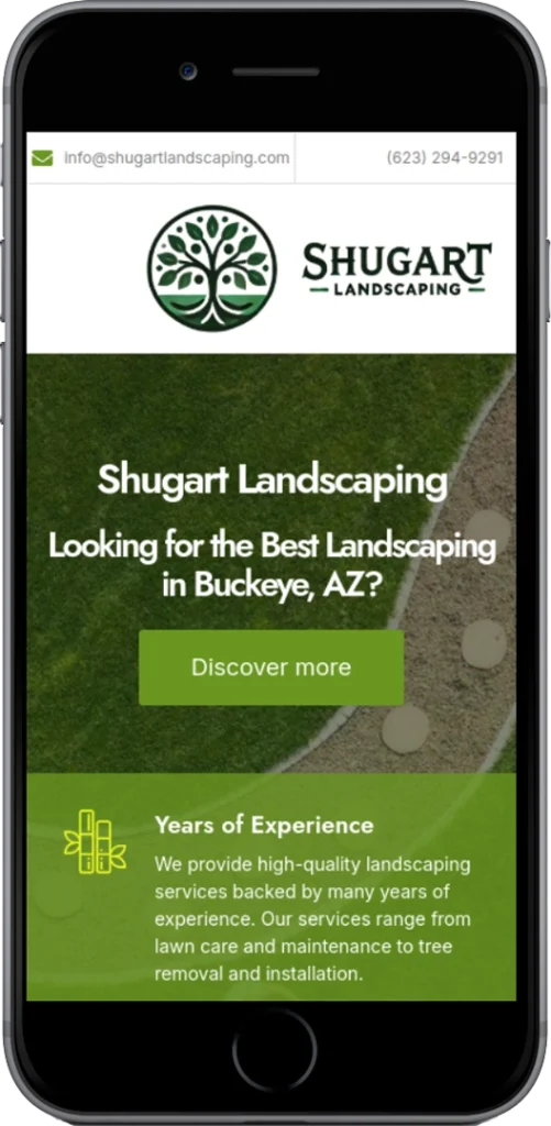 A smartphone screen displays the Shugart Landscaping website, showing the company logo, contact information, and a message offering landscaping services in Buckeye, AZ, with a green 