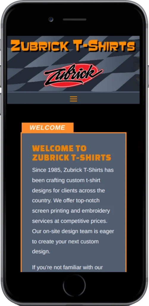 A smartphone screen displays the Zubrick T-Shirts website. The header shows the company name and logo. Below, a welcome section describes their custom t-shirt design and printing services.