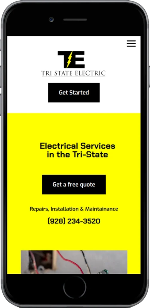 A smartphone displays the Tri State Electric website with options to get started or request a free quote. The site offers electrical services in the Tri-State area and lists a contact number: (928) 234-3520.