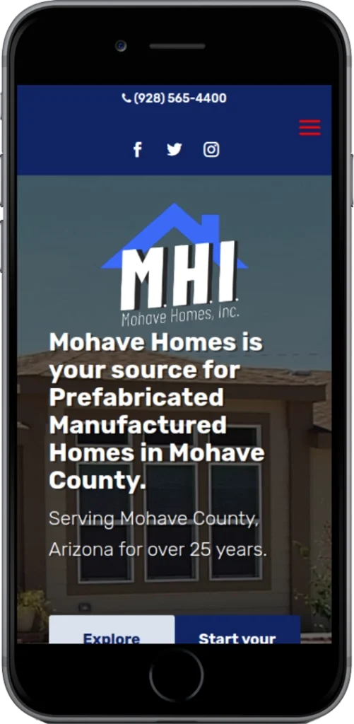 A smartphone screen displays the Mohave Homes, Inc. website. The page highlights prefabricated manufactured homes in Mohave County, Arizona, with contact information at the top and text about their services over an image of a house.
