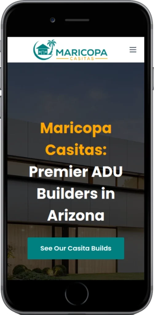 A smartphone displays the Maricopa Casitas website, showing the company logo and text: 