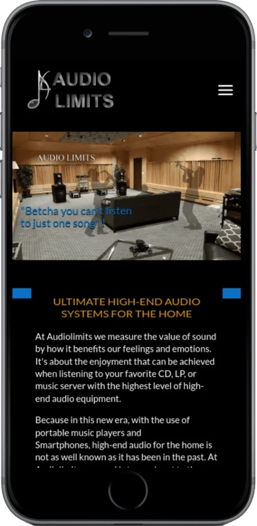 A smartphone displays the Audio Limits website featuring a modern listening room with high-end audio equipment. The screen shows a headline about ultimate high-end audio systems for the home and introductory text.