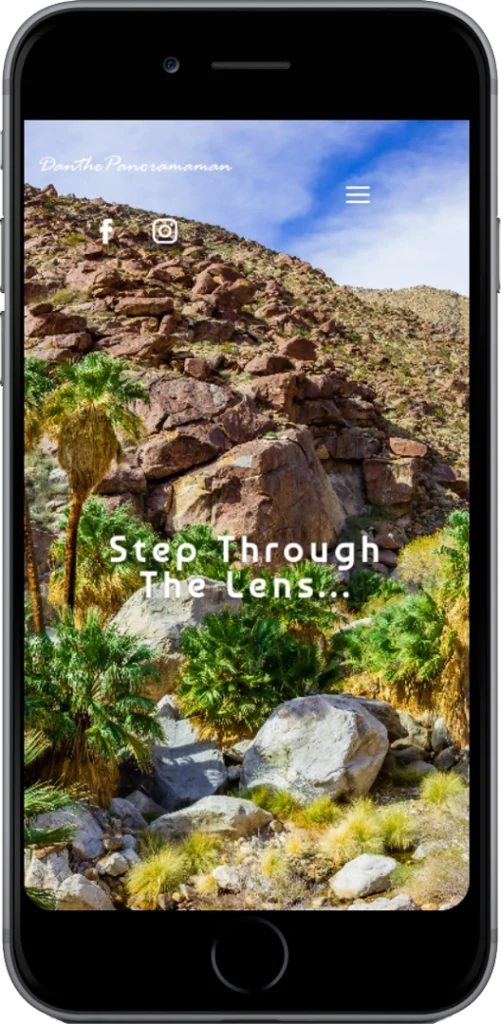 A smartphone screen displays a photo of a rocky desert landscape with palm trees and blue sky. White text reads 