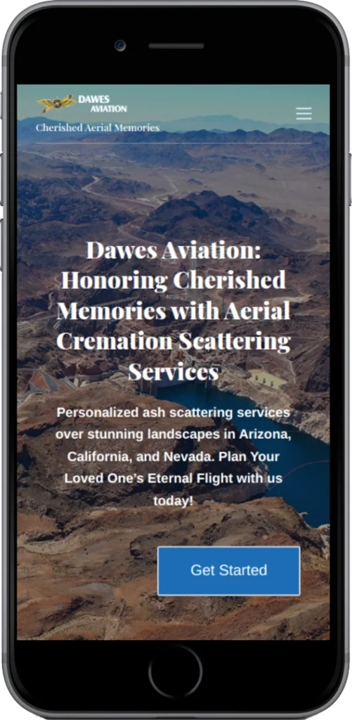 A smartphone displays a website for Dawes Aviation, offering aerial cremation scattering services over landscapes in Arizona, California, and Nevada. The site invites users to get started, with a background of mountains and water.