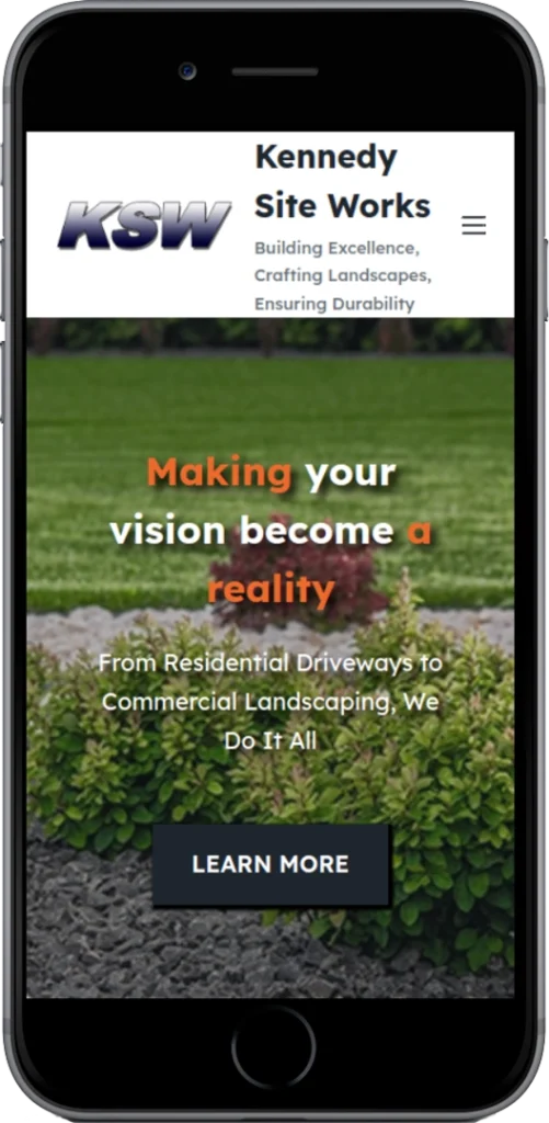 A mobile phone displays the Kennedy Site Works website with the slogan 