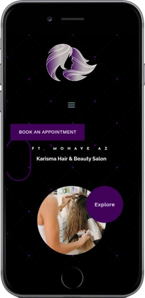 A smartphone screen displays the homepage of Karisma Hair & Beauty Salon with a purple and white logo, a 