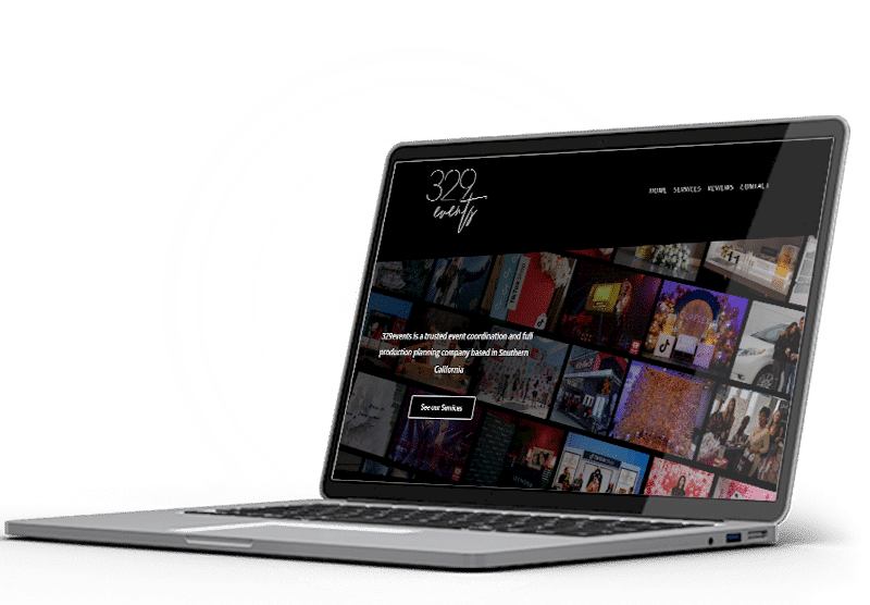 A gray laptop displaying the homepage of 329 Events, an event coordination and planning company, with a collage of event images and navigation menu visible on the screen.