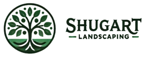 A logo with a stylized tree inside a circle on the left and the words “SHUGART LANDSCAPING” in bold capital letters to the right. The colors are green and black with a nature theme.