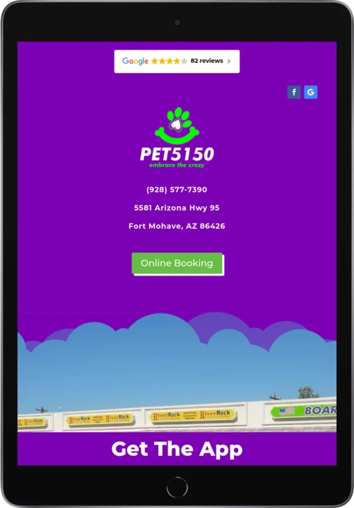 A tablet displays the homepage of Pet5150, featuring their name, contact information, address, and an 