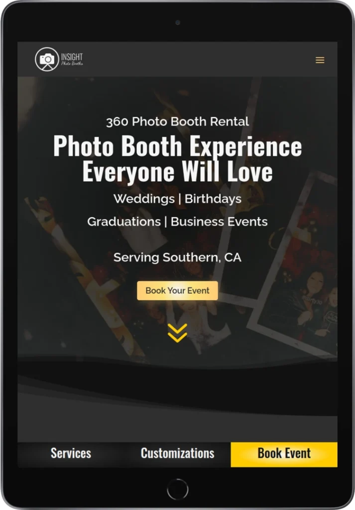 A tablet screen displays a website for Insight Photo Booth offering 360 photo booth rentals for events such as weddings, birthdays, graduations, and business events in Southern California. 