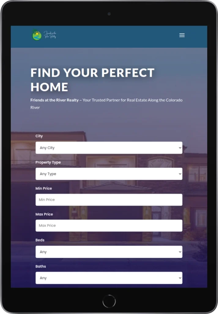 A tablet displays a real estate website with a search form for finding homes. The form includes dropdown menus for city, property type, price range, beds, and baths. A large header reads, 