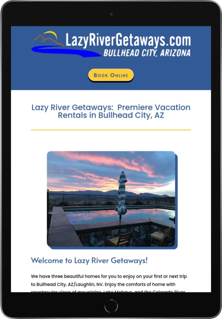 A tablet displays a website for Lazy River Getaways in Bullhead City, Arizona. The page includes a logo, a 