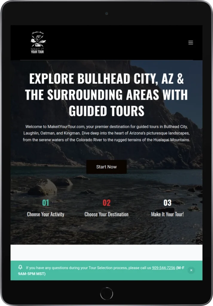 A tablet displays a website for guided tours in Bullhead City, AZ. The page features a header, a call-to-action button labeled “Start Now,” and three steps to book a tour. Contact information is shown in a green bar at the bottom.
