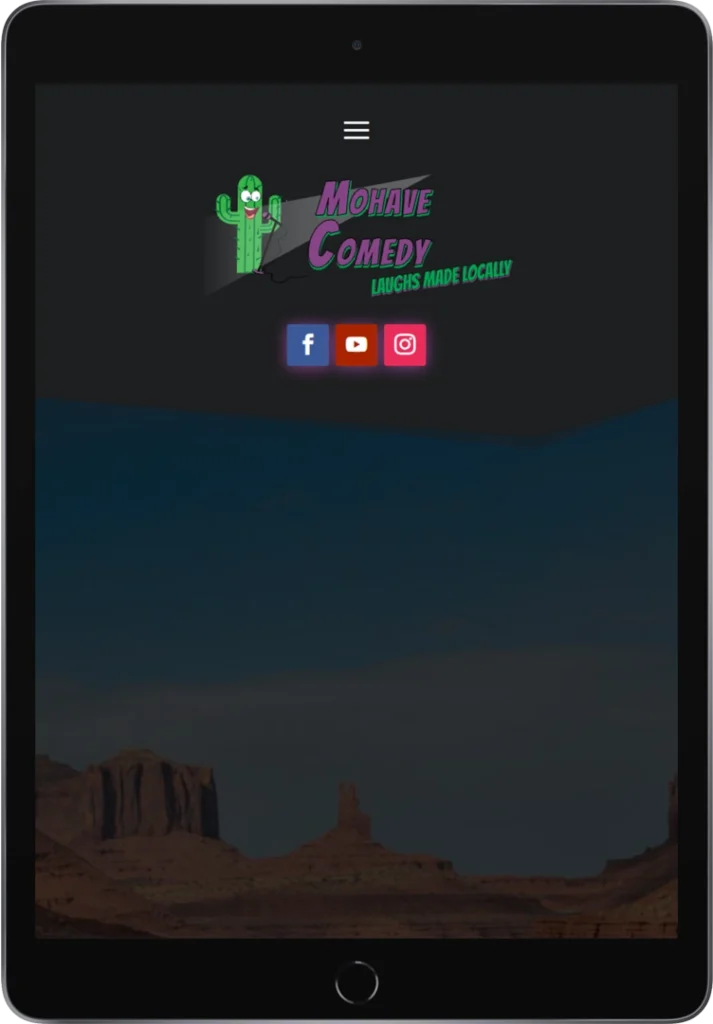 A tablet screen displays the Mohave Comedy logo with a cartoon cactus, the slogan 