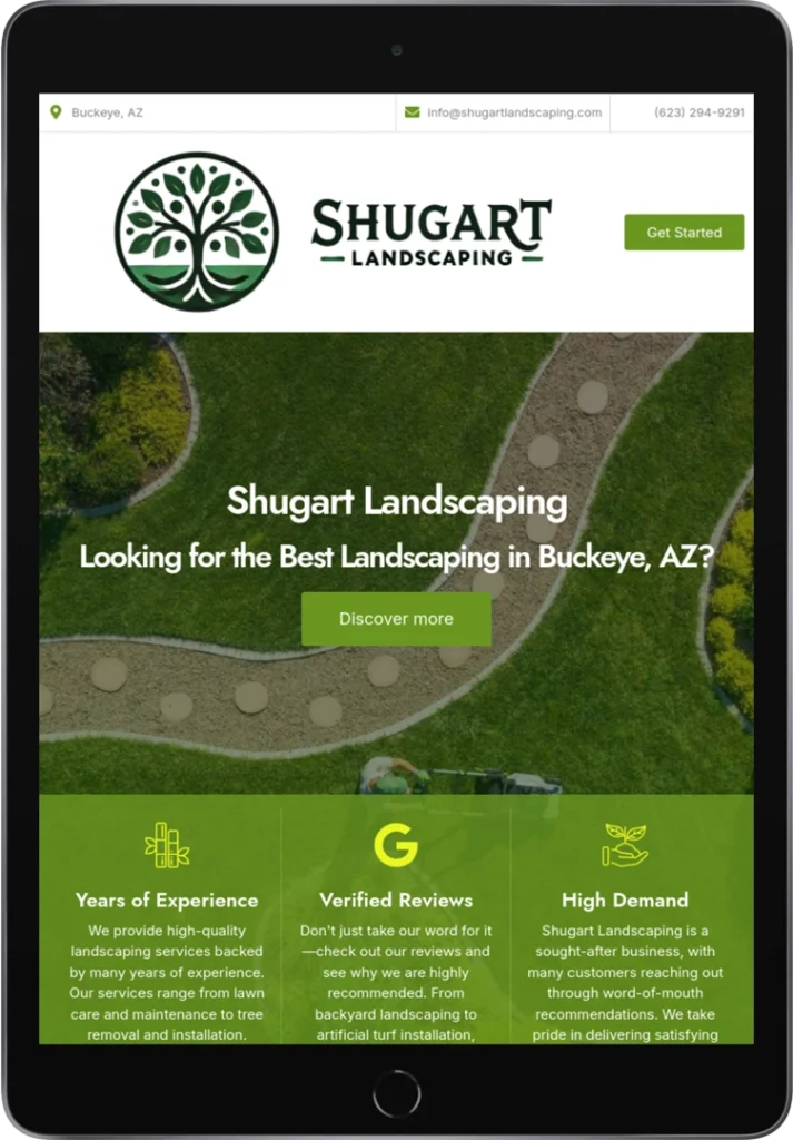 A tablet displays the homepage of Shugart Landscaping, featuring the company logo, navigation bar, aerial view of a landscaped yard, and sections highlighting years of experience, verified reviews, and high demand.