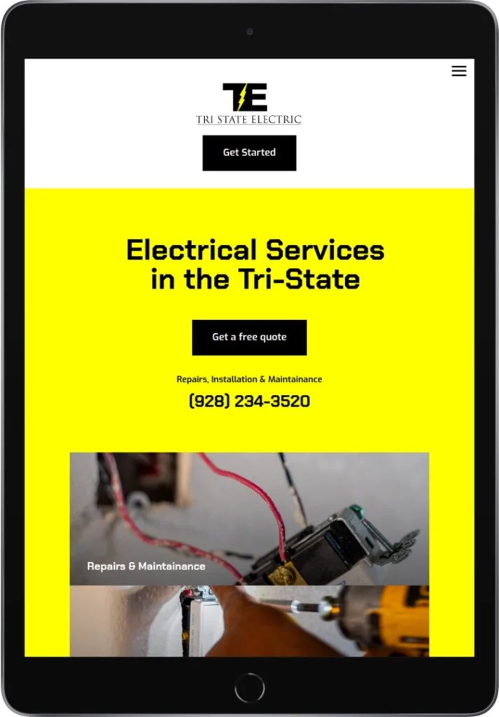 Tablet screen displaying Tri State Electric’s website. The page shows a bold yellow section with text about electrical services and contact info, a “Get Started” button, and a photo of electrical repairs below.