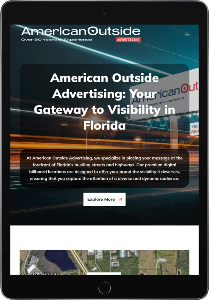 A tablet displays the American Outside Advertising website, featuring a headline about visibility in Florida, a brief description of their services, and an 