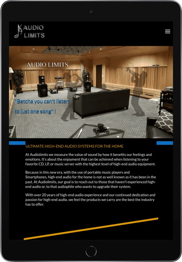 A tablet displays a website for Audio Limits, featuring a modern audio showroom with speakers and seating. Text highlights high-end audio systems, their benefits, and the company's dedication to quality.