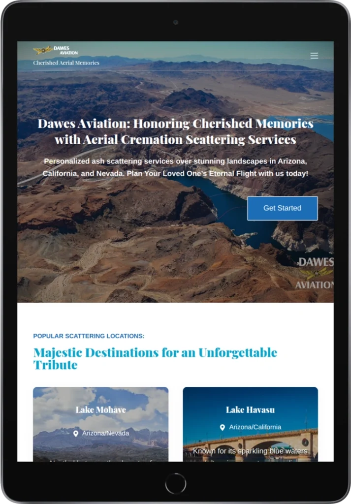 A tablet displays a website for Dawes Aviation, offering aerial cremation scattering services over landscapes in Arizona and Nevada, with images of lakes and scenic destinations.