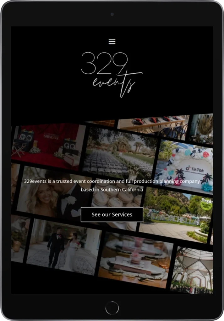 A tablet displays the homepage of 329events with a collage of event photos, the company logo, a short description about event coordination services in Southern California, and a 