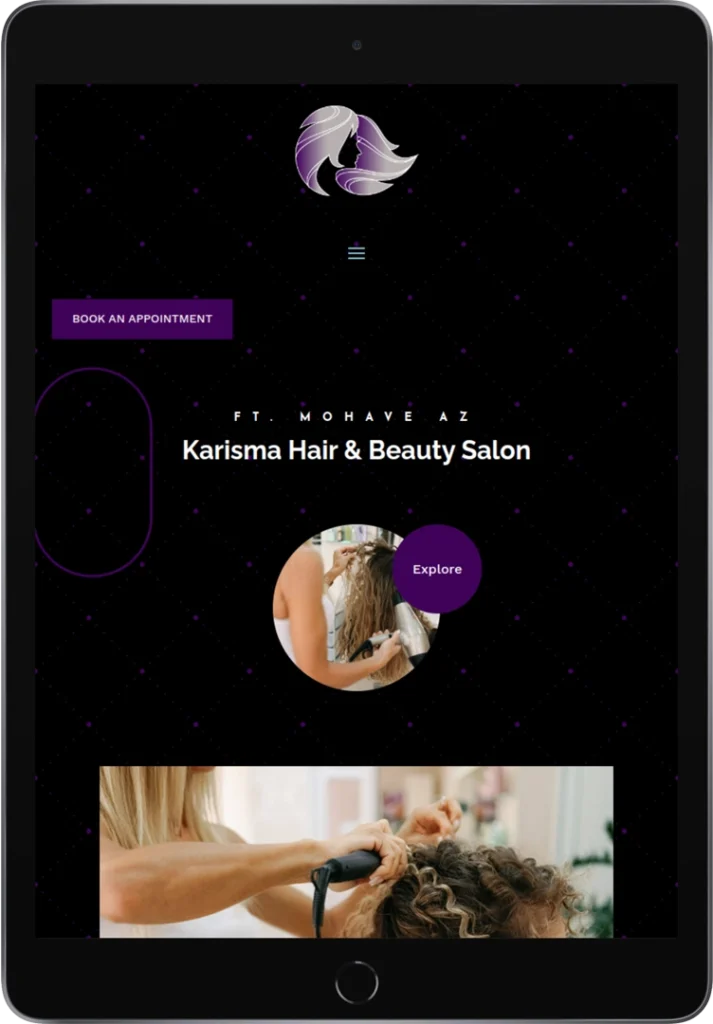 A tablet displays the homepage of Karisma Hair & Beauty Salon with a logo, navigation menu, 