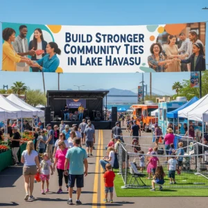 A community fair in Lake Havasu features people walking among vendor tents, children playing, and a stage. A large banner overhead reads, 