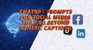 A digital image split diagonally; the left side shows a blue, glowing neural network and a brain, while the right side displays Facebook, TikTok, and LinkedIn logos. Orange text reads, 