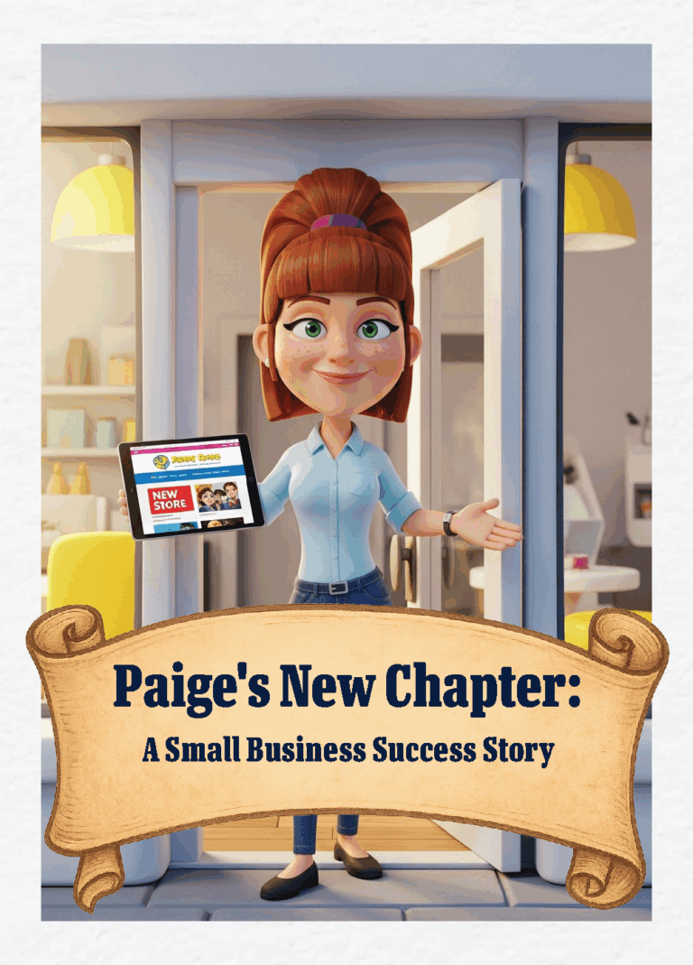 Paige's New Chapter: A Small Business Success Story 1 A cartoon woman with red hair stands in an open doorway, holding a tablet displaying a website. A banner at the bottom reads,