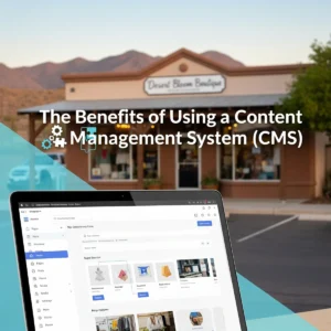 A laptop displaying The Benefits of Using a Content Management System (CMS) is in the foreground, with a boutique storefront and mountains blurred in the background. Text reads: 