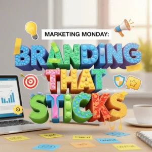 A colorful 3D text graphic reads “Marketing Monday: Branding That Sticks” with icons like a light bulb and megaphone. A laptop with a chart and sticky notes sits on a desk, highlighting Mohave County branding tips in the background.