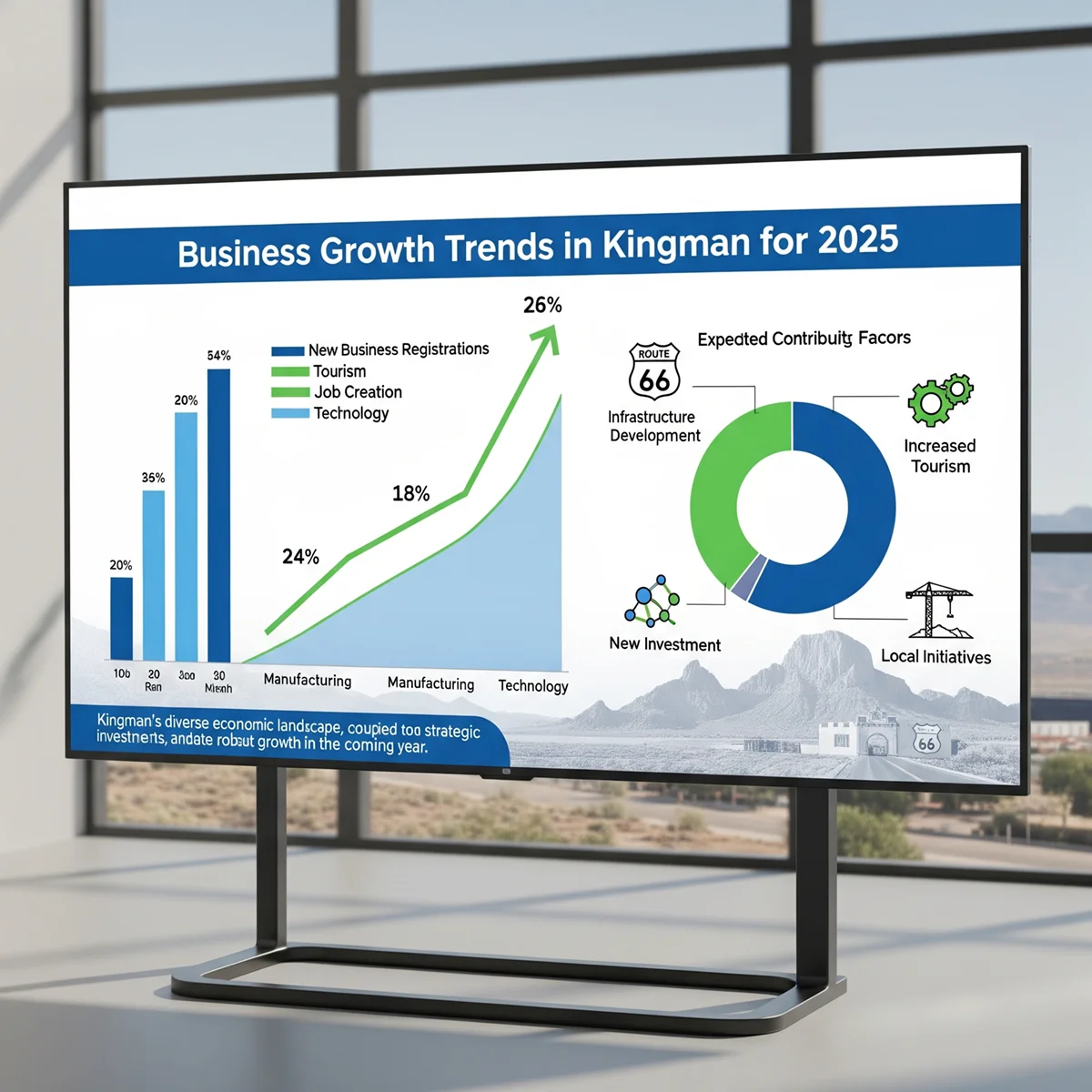 A presentation screen displays charts titled 