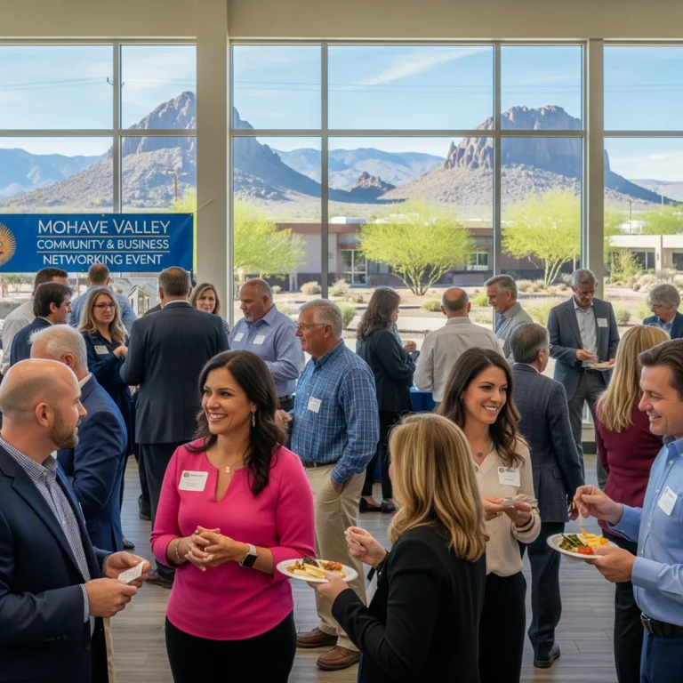 A group of people in business attire converse and eat at an indoor Mohave Valley Community & Business Networking Event. A sign promotes networking, while a large window shows mountains and desert landscape—perfect for sharing Mohave Valley networking tips.