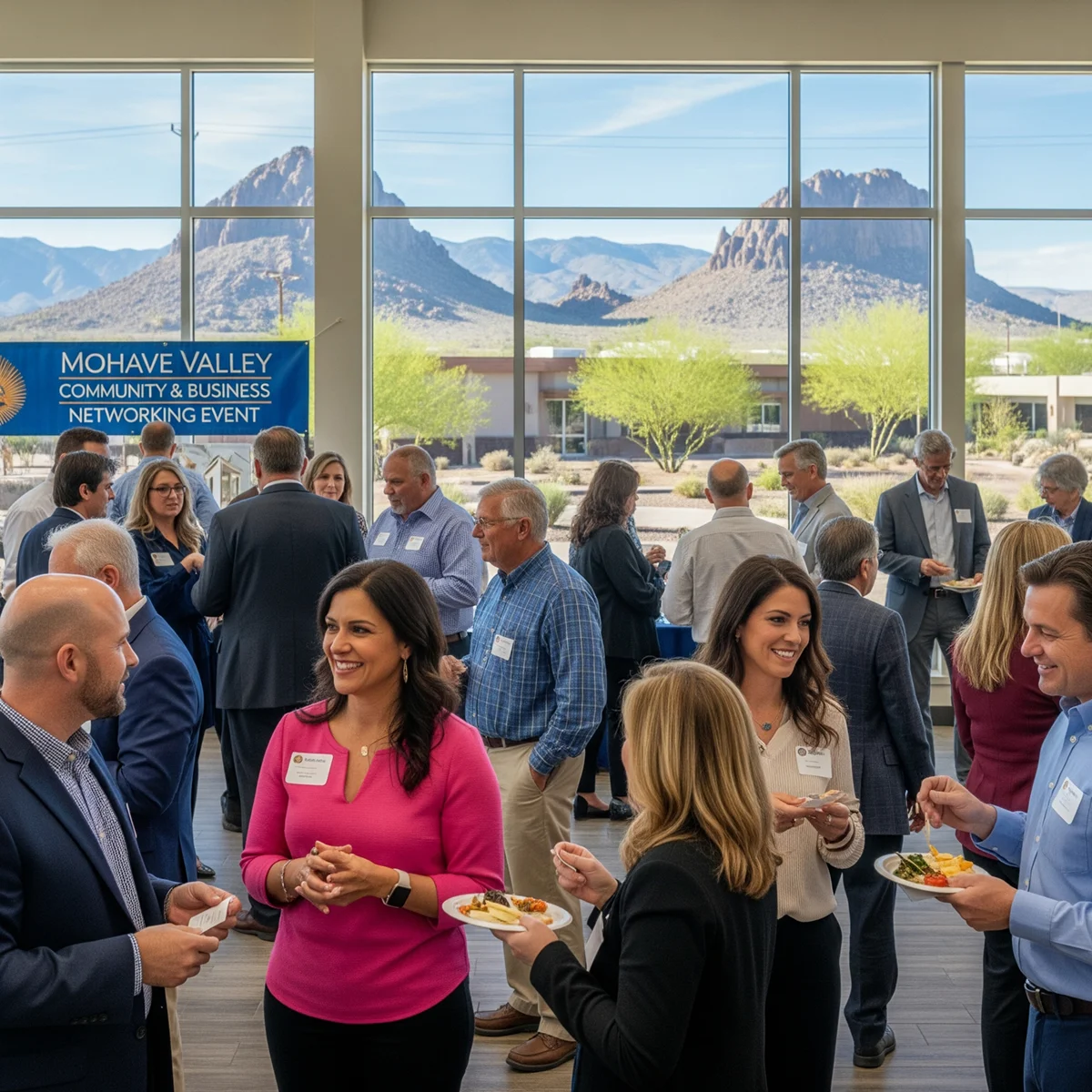 A group of people in business attire converse and eat at an indoor Mohave Valley Community & Business Networking Event. A sign promotes networking, while a large window shows mountains and desert landscape—perfect for sharing Mohave Valley networking tips.
