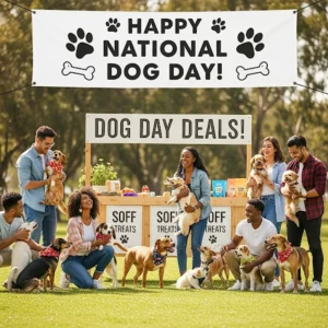 A group of people with dogs pose outdoors in front of a “Happy National Dog Day!” banner and a booth promoting National Dog Day marketing with “Dog Day Deals!” and “Soft Treats” signs. The festive scene unfolds in a grassy park.