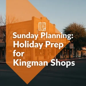 An old-fashioned brick building lines a quiet street at sunset, overlaid with an orange geometric shape and white text reading: 