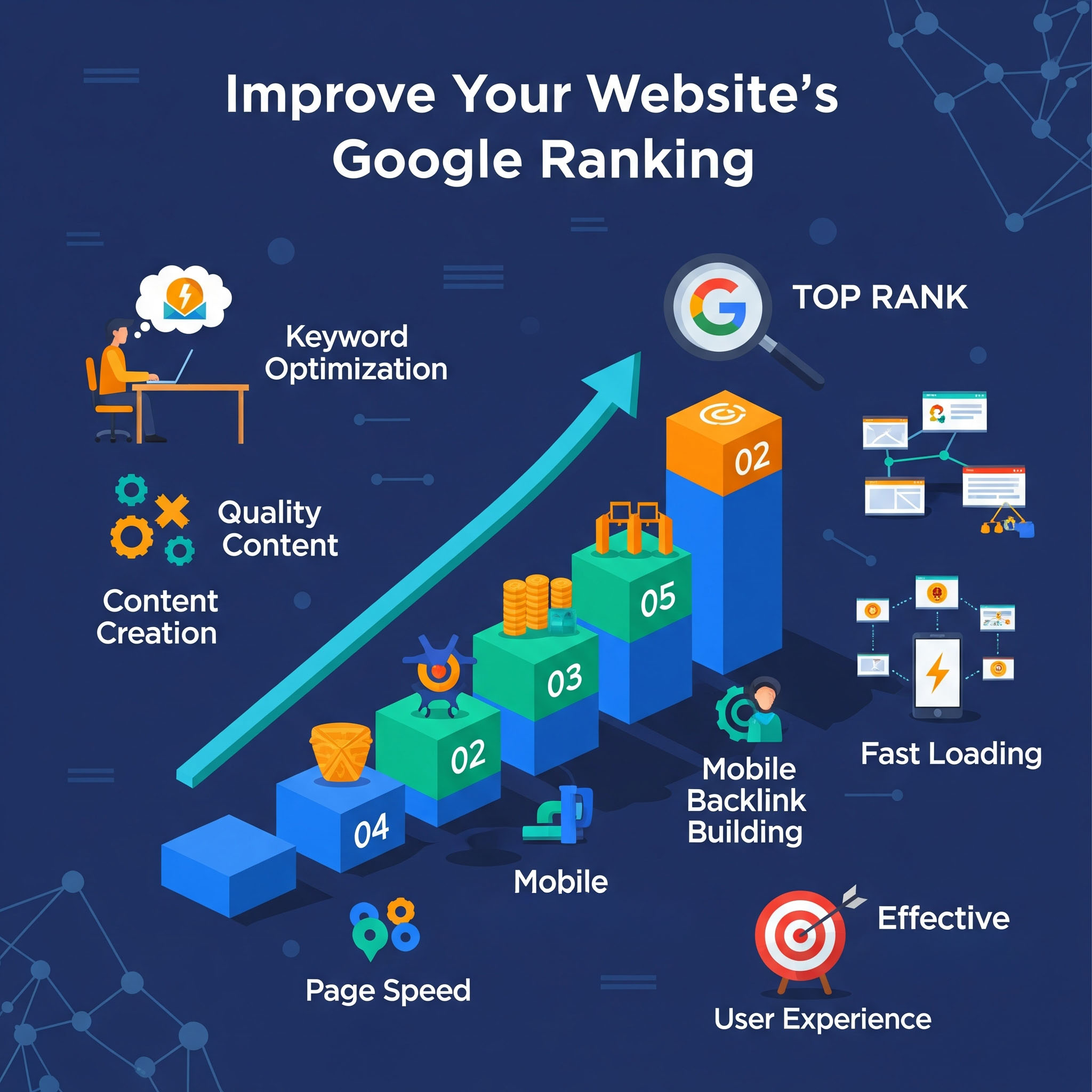SEO growth illustration showing rankings and traffic improving