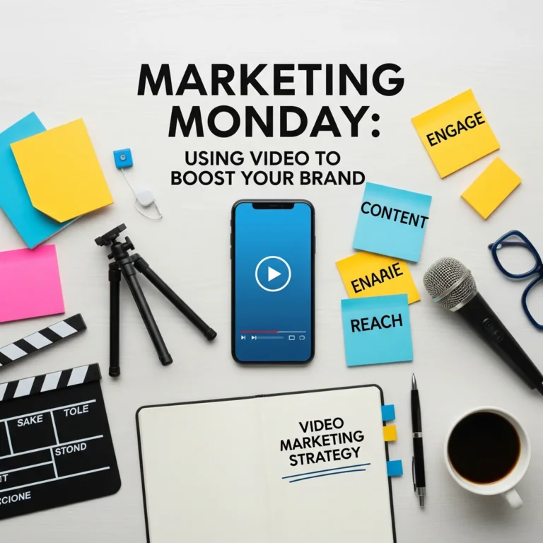 A workspace with a smartphone showing a video, a microphone, tripod, coffee, sticky notes labeled “engage,” “content,” “enable,” “reach,” and a notebook titled “Video Marketing Strategy.” Text reads: “Marketing Monday: Mohave County video marketing tips.”.
