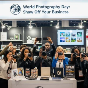 A group of people, each holding a camera or smartphone, stand in front of a booth with a sign that reads 