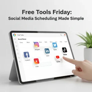 A hand points at a tablet displaying free social media scheduling tools, featuring icons for Facebook, Instagram, Twitter, TikTok, and YouTube. Text above reads, “Free Tools Friday: Social Media Scheduling Made Simple.”.