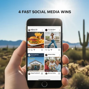 A hand holds a smartphone displaying four social media posts with text and images; the background features a Mohave County desert landscape with cacti and mountains under a clear sky. The caption reads: “4 FAST Mohave County social media tips.”.
