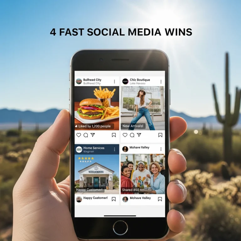 A hand holds a smartphone displaying four social media posts with text and images; the background features a Mohave County desert landscape with cacti and mountains under a clear sky. The caption reads: “4 FAST Mohave County social media tips.”.