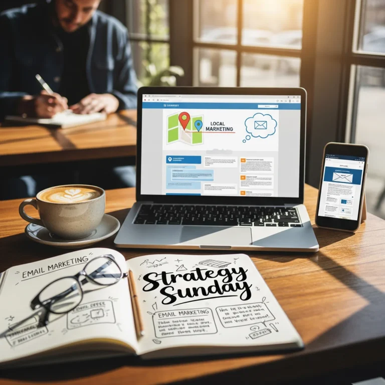 Strategy Sunday: Email Marketing for Local Customers 1 A laptop and smartphone display a local marketing webpage on a café table beside coffee, a notebook labeled