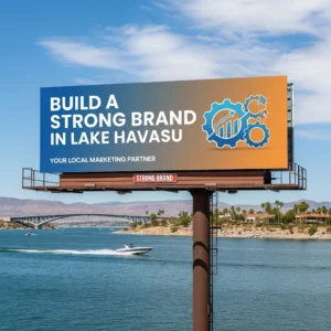 A billboard by a lake reads 