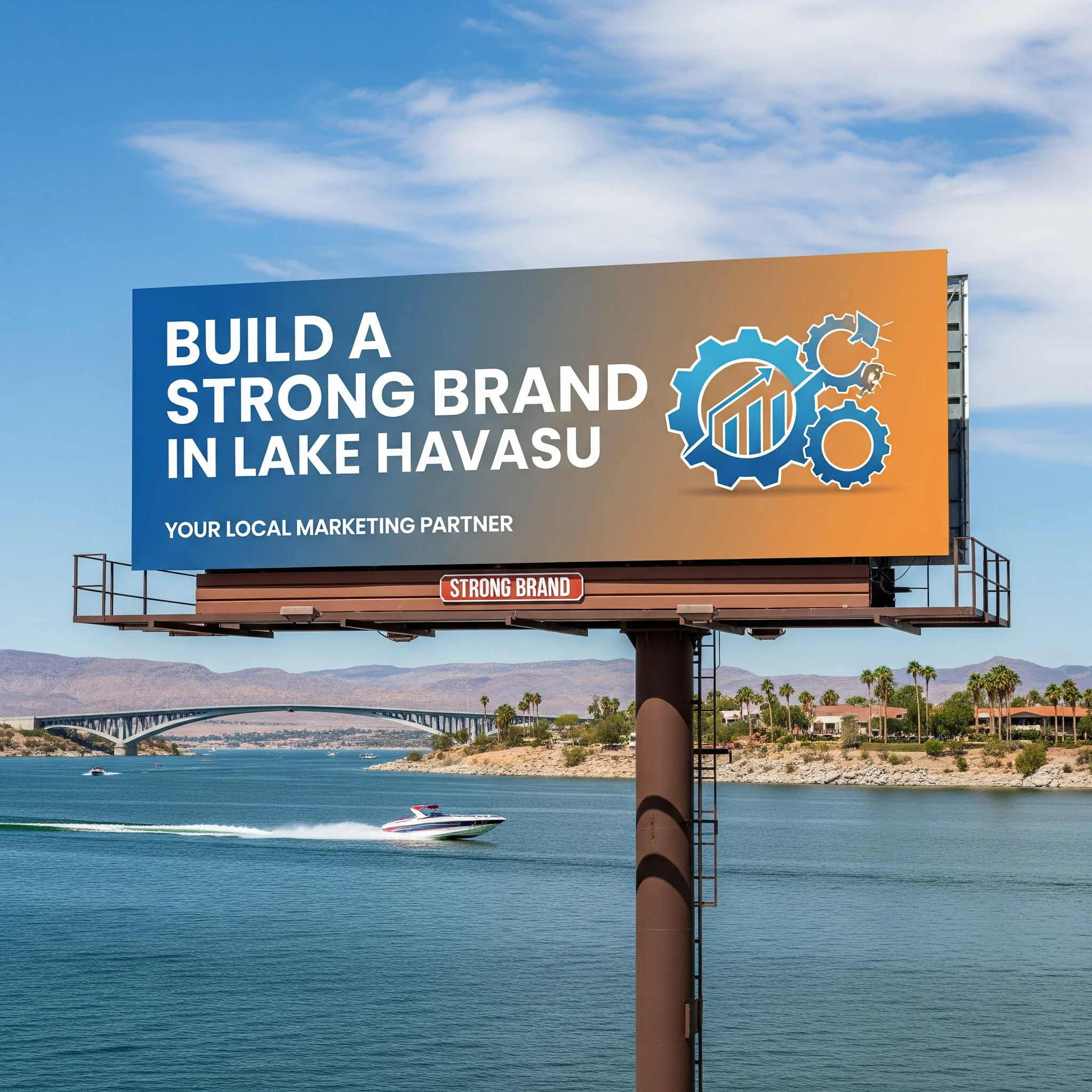 A billboard by a lake reads 