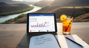 A tablet displaying charts and data sits on a wooden table outdoors by a river, next to a glass of iced tea with lemon and a notebook open to a Labor Day marketing to-do list for Mohave County, all set for productive planning in nature.