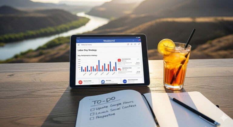 Labor Day Marketing Ideas for Mohave County 1 A tablet displaying charts and data sits on a wooden table outdoors by a river, next to a glass of iced tea with lemon and a notebook open to a Labor Day marketing to-do list for Mohave County, all set for productive planning in nature.