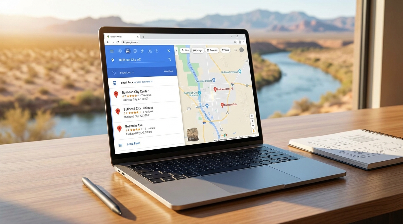 Local SEO Bullhead City strategy chart on a laptop for Mohave Valley business growth and digital marketing success