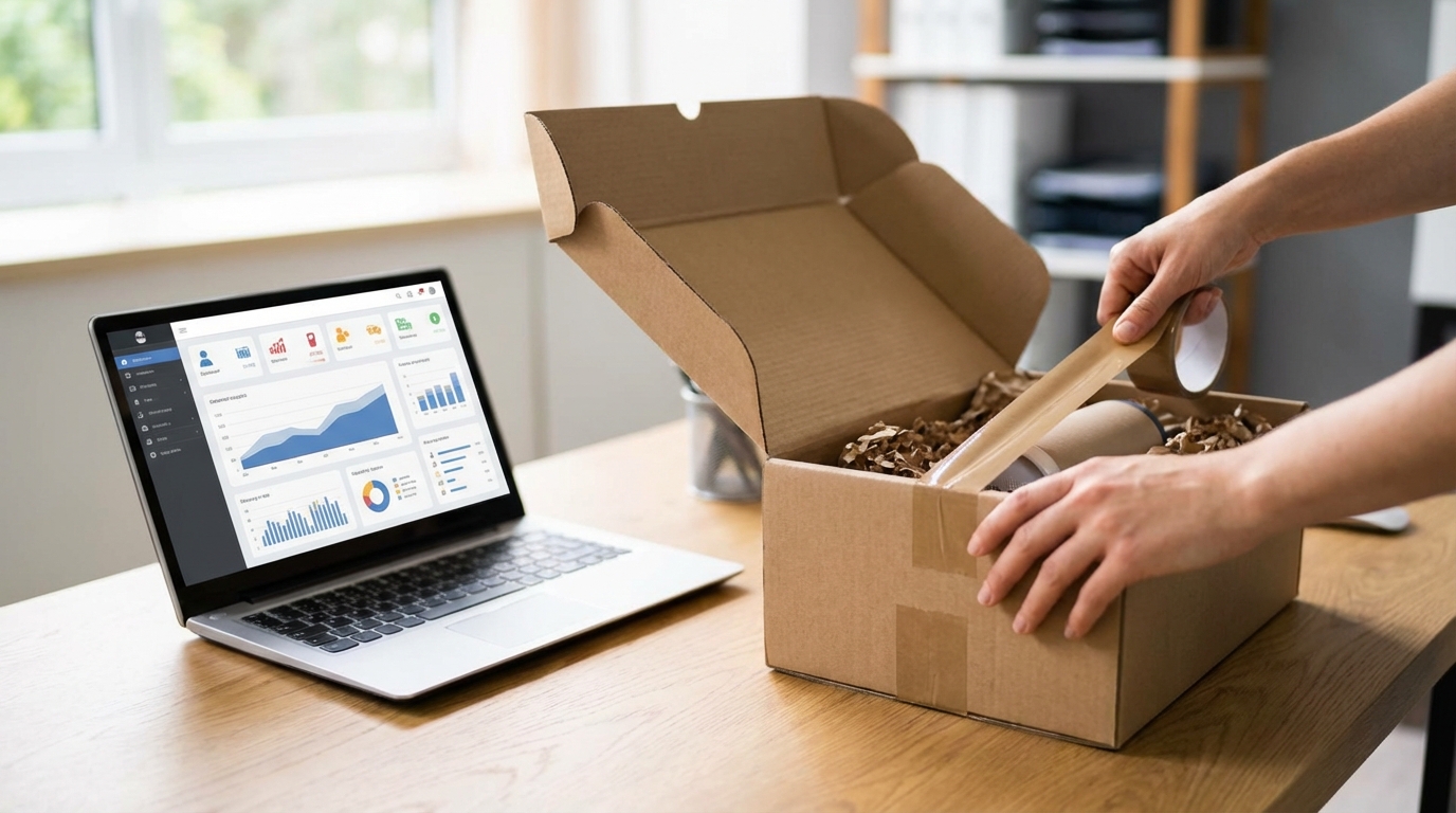 The Ultimate Guide to E-commerce for Bullhead City Retailers 3 Branded e-commerce package and laptop dashboard showing online orders for Bullhead City and Mohave Valley retailers.